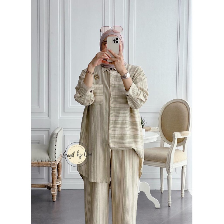 TUNIK SET CELANA LINEN MOTIF SALUR