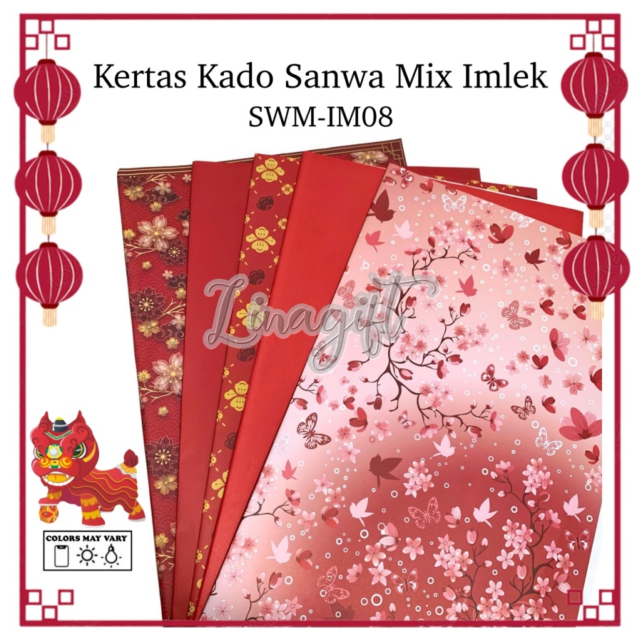 ( 5 Lembar 5 Motif ) IMLEK SANWA MIX - KERTAS KADO CHINESE NEW YEAR SANSAN WAWA - GIFT WRAPPING PAPER SINCIA TAHUN BARU IMLEK RED FLOWER MOTIF MERAH EMAS GOLD RED