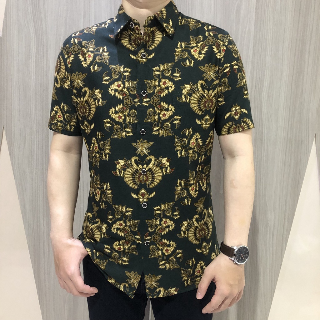 [GRIDLINE - S268 Mud Green] Kemeja Batik Pria Katun Lengan Pendek Slimfit Modern Casual Simpel Elegan