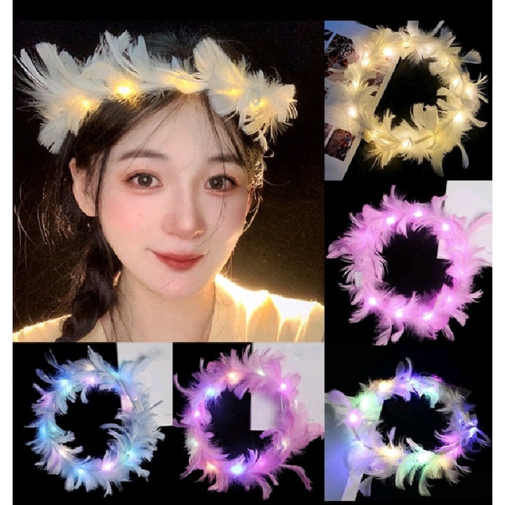 Promo Bando Mahkota Bulu Dengan Lampu LED Nyala Luminous