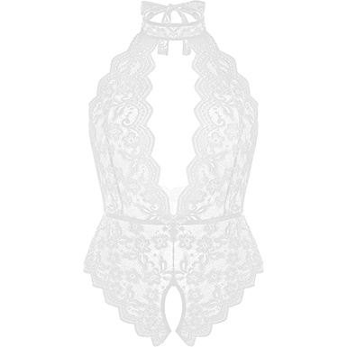 Lingerie Wanita Sexy transparan Halter Neck Lace Jumpsuit Open Crotch Lingerie Teddies A553