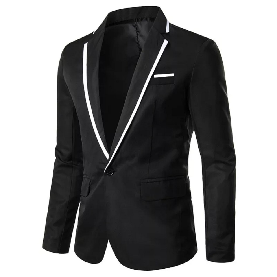 Blazer Slimfit Pria Warna Hitam List Putih di Kerah Bahan High Twist Original Nikayu Full Furing