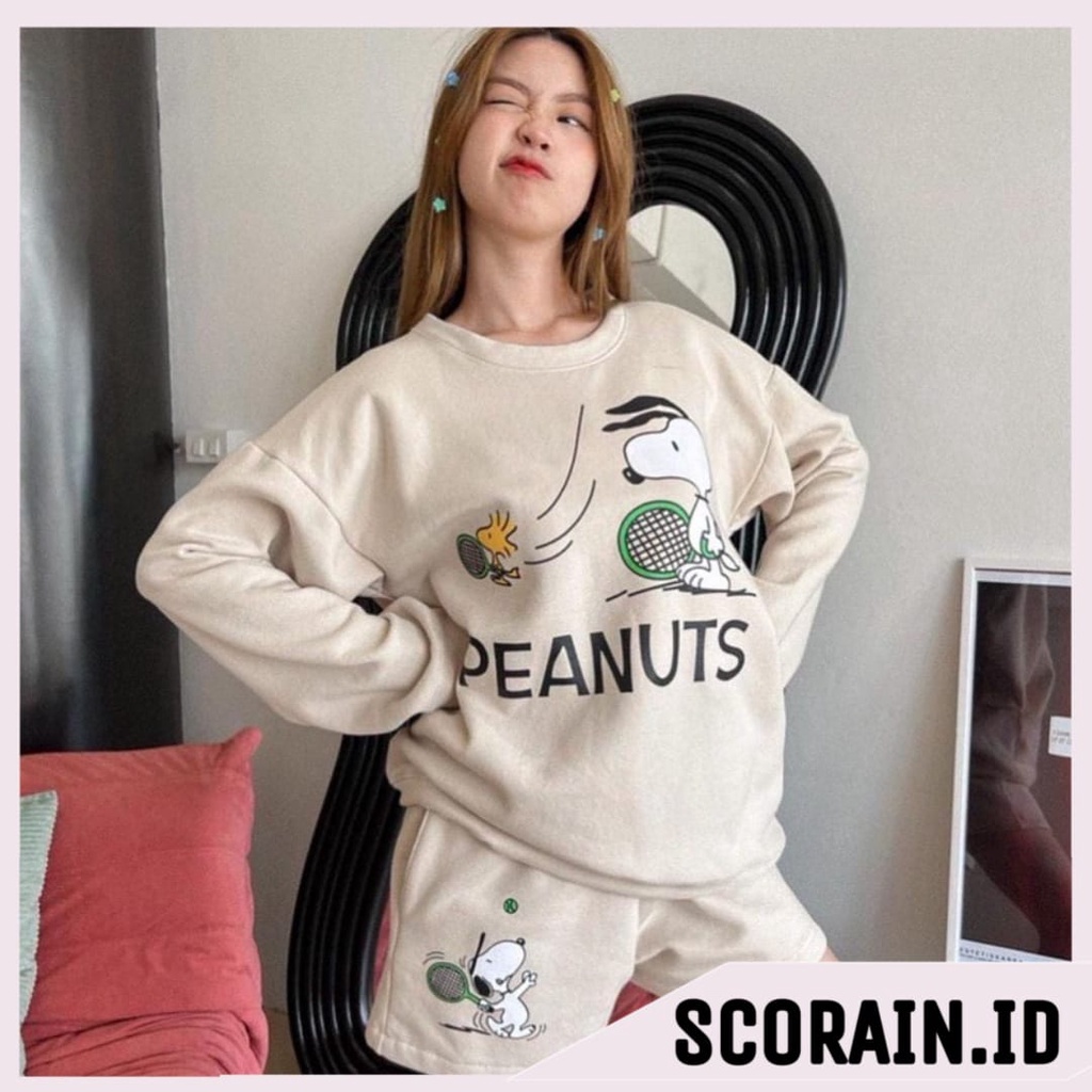 BAJU SET SETELAN KARTUN SN0PY PIANUTS COKLAT CREAM | HOODIE SETELAN CELANA PENDEK WANITA LUCU | NT1