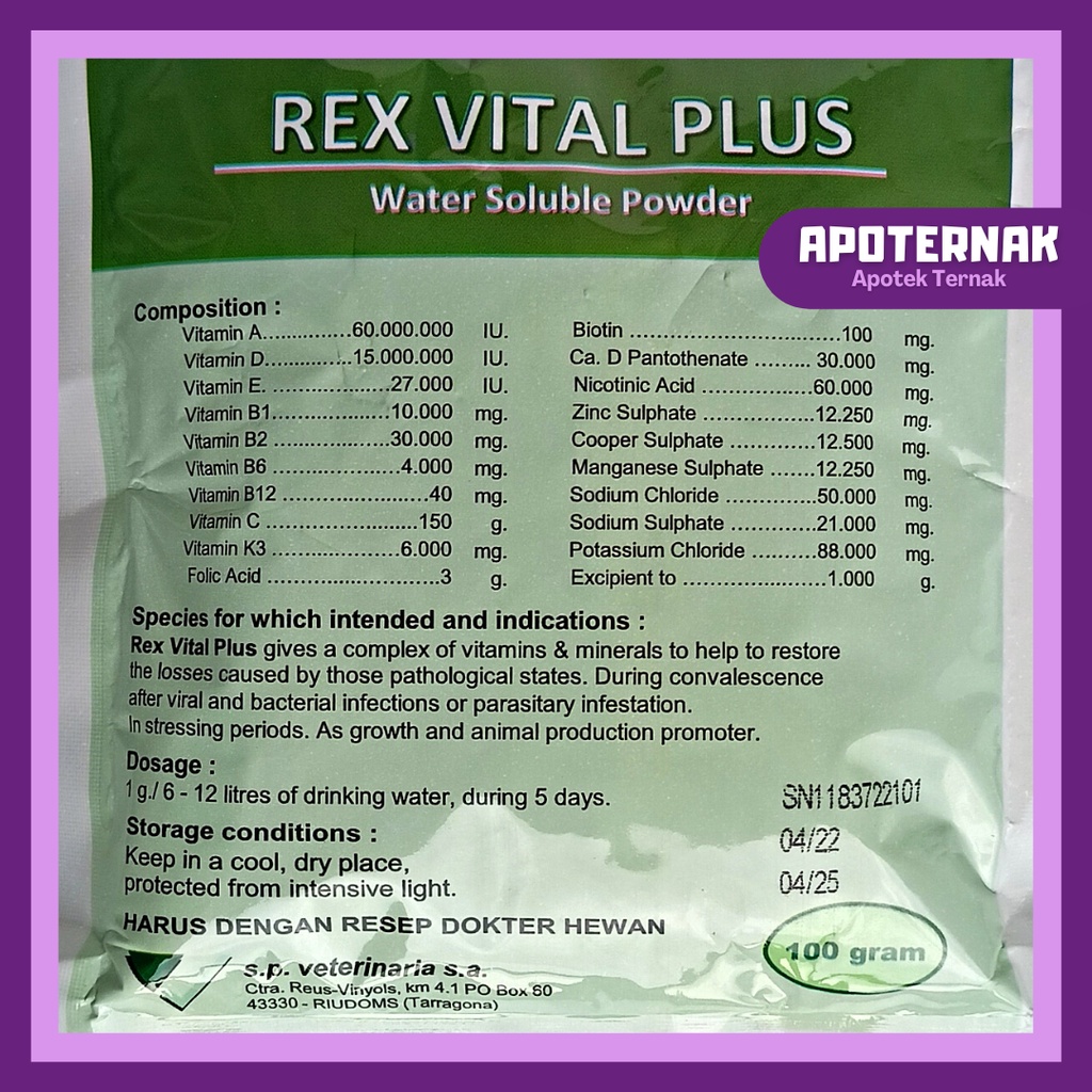 REX VITAL PLUS 100 gr | Multivitamin hewan Mineral Pemulihan Hewan dan Unggas Setelah sakit Terinfeksi Virus dan Parasit | Fortevit Rhodifit