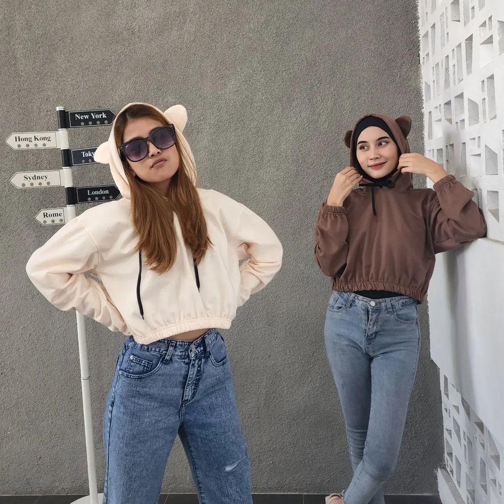 Hoodie sweater wanita CUTE EAR CROP jaket kuping beruang