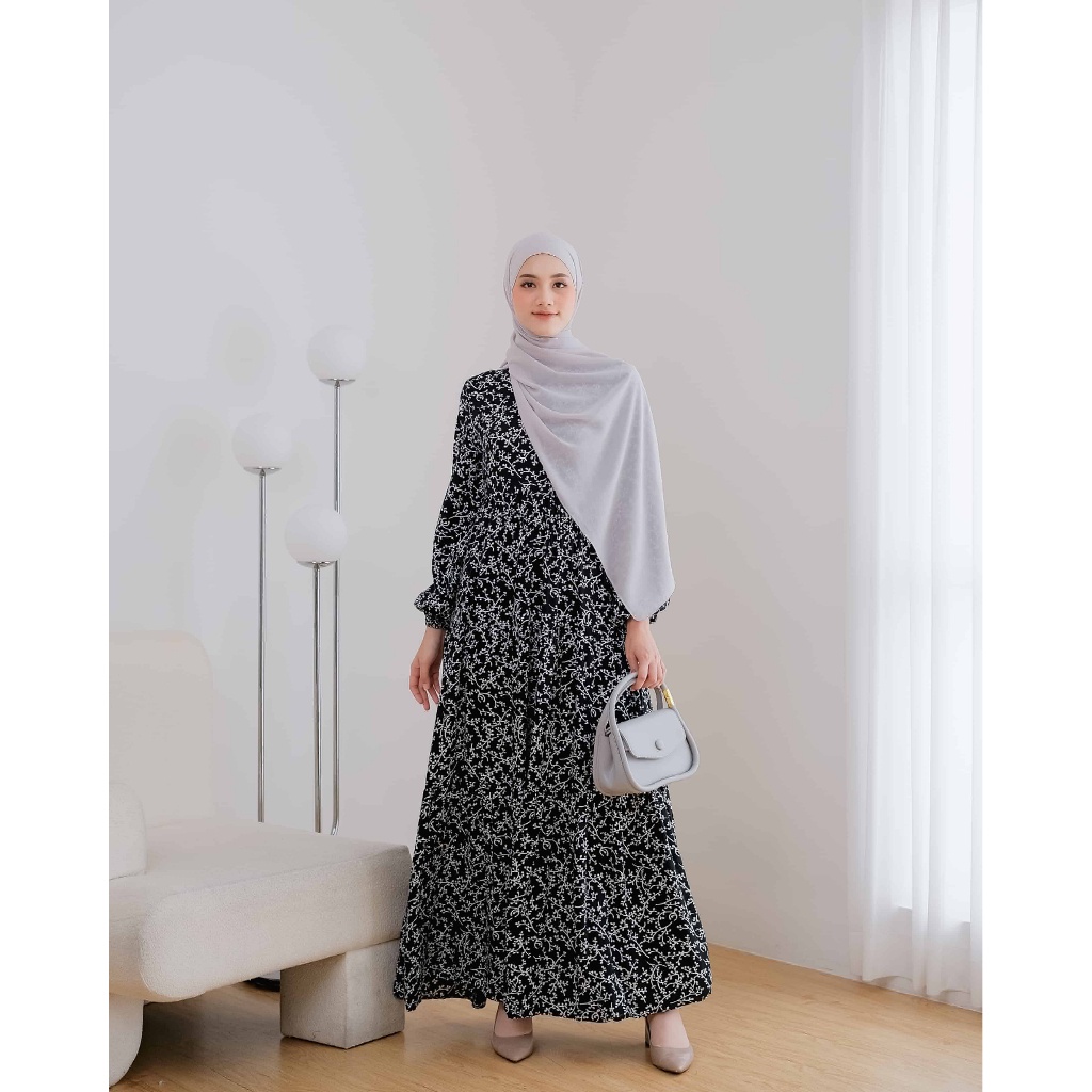 Le Khari Qifa Dress Bahan Rayon Viscose Gamis Homedress Busui Size S - XL-Qifa Black