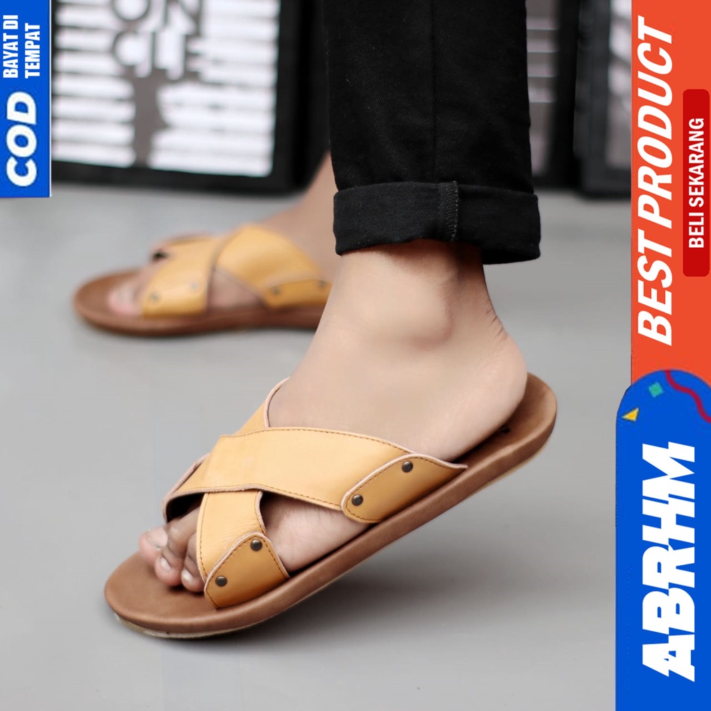 Sandal Pria Sendal Slide Pria Kulit Asli Abrhm XMIN