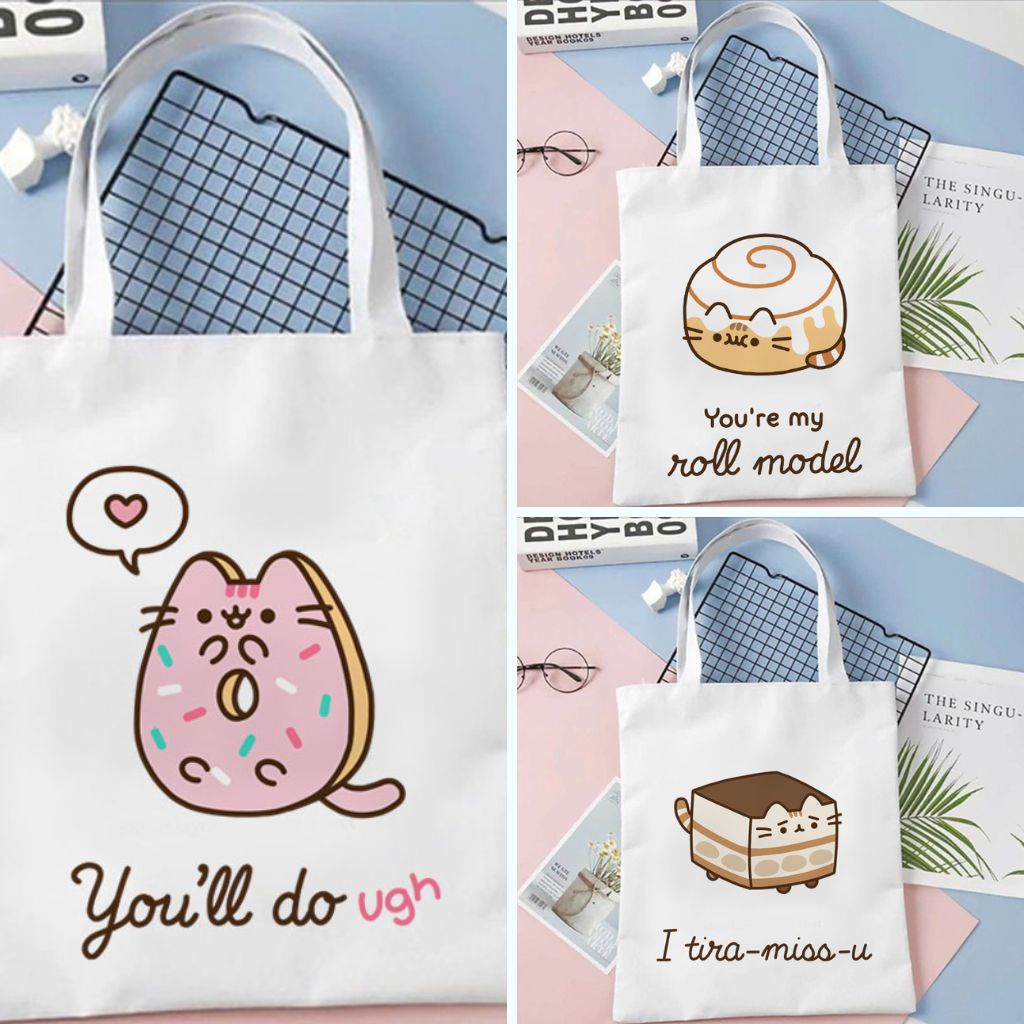 Tas Serut Tote Bag Motif Cat Kucing Cake Lucu Kanvas Wanita Tas Gendong Goodie Bag Ulang Tahun Aesthetic