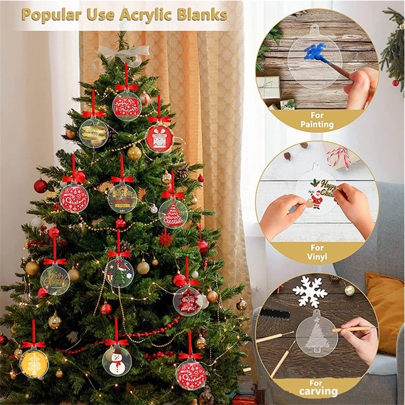 10pcs Pack Tag Liburan Dekorasi Akrilik Bening Bulat Disc Writable Hias Liontin Natal Ulang Tahun Tahun Baru Dekorasi Xmas Pohon Kunci Tas Sekolah Hiasan Gantung DIY Craft