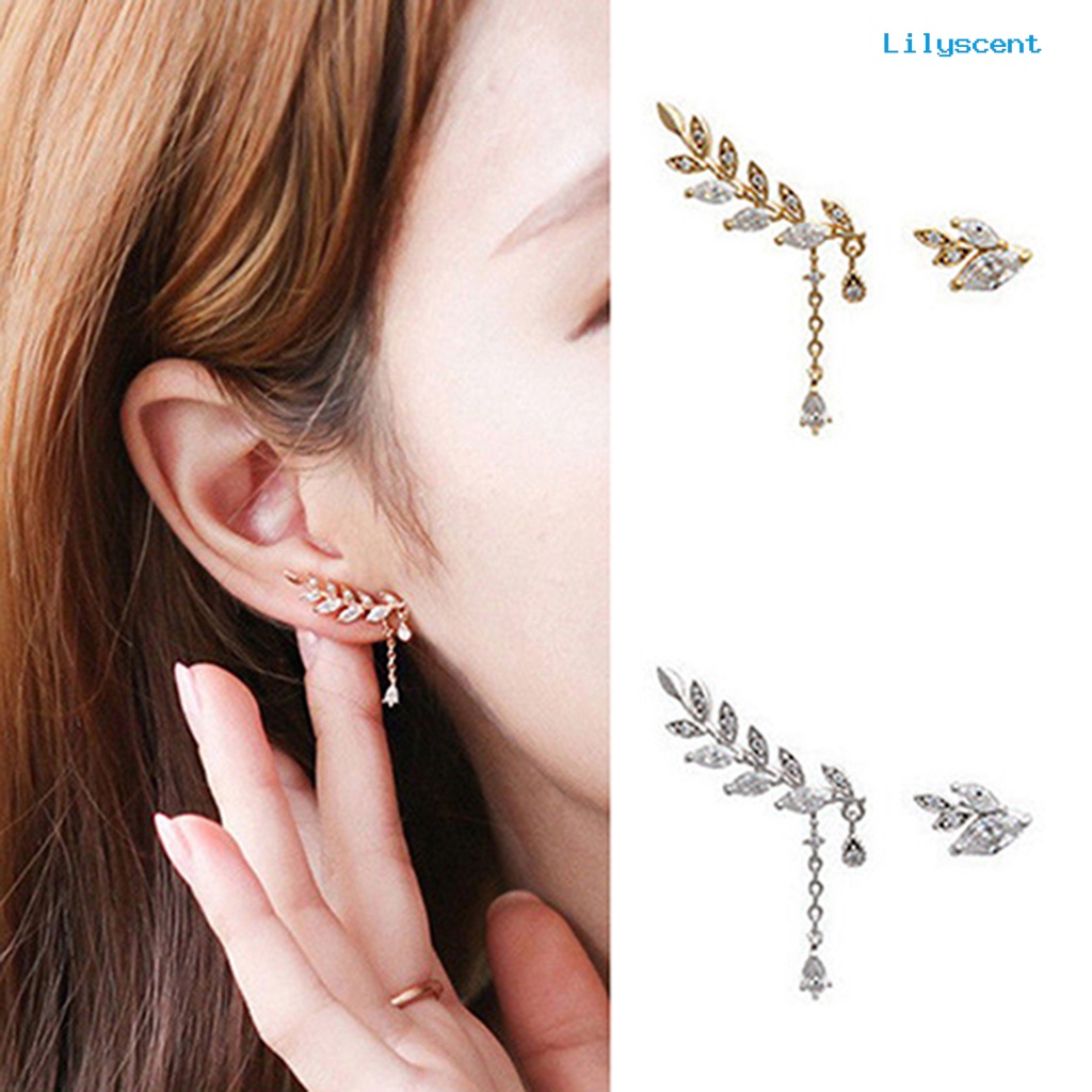 [LS] Ear Studs Asimetris Anti Karat Wanita Daun Berlian Imitasi Anting Rumbai Untuk Pernikahan