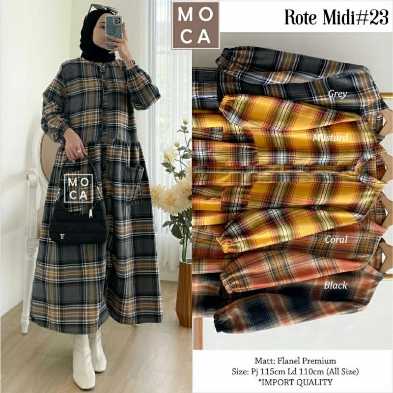 Rote Midi #23, MIDI DRESS WANITA CANTIK FIT XXL LD 110 BAHAN FLANEL PREMIUM TERMURAH OOTD MODIS