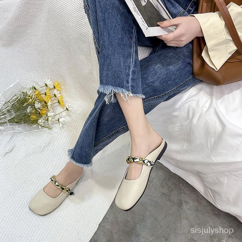 #Sisjuly# Sandal wanita baru datar bawah memakai sepatu luar mullet sepatu slip tahan setengah sanda