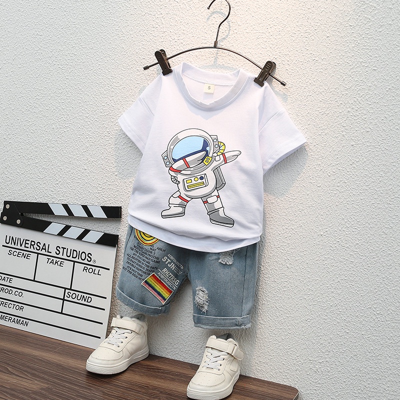 Setelan Kids Suits Anak Cowok Motif Kartun Astronot Usia 1 2 3 4 5 Tahun Murah Set Kaos Distro Anak 