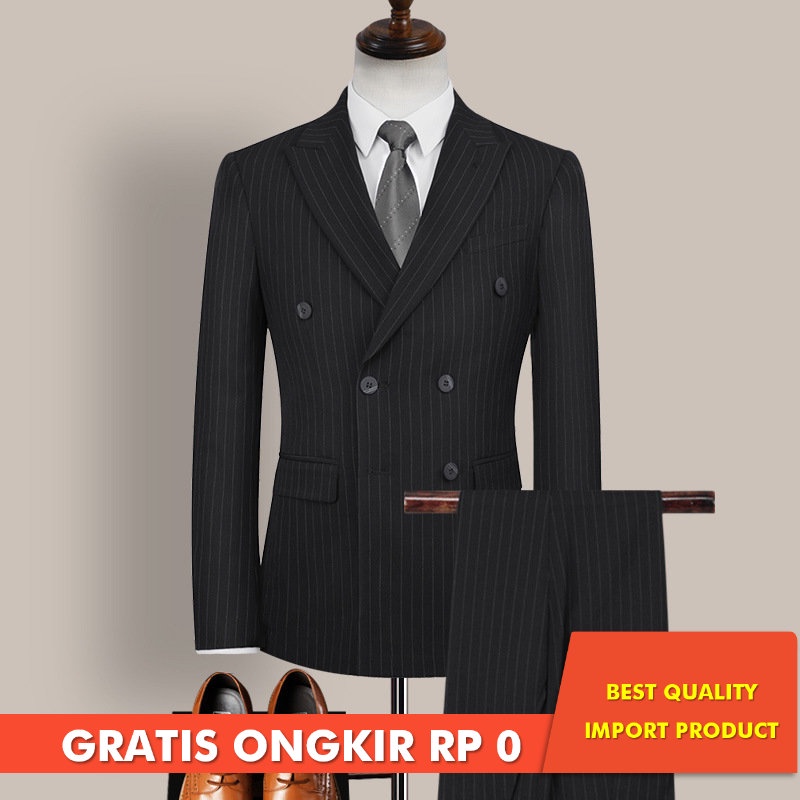 Setelan Jas Pria Double Breasted Suit Korea Slim Fit Bisnis Pengiring Pengantin Pernikahan Perapi Be