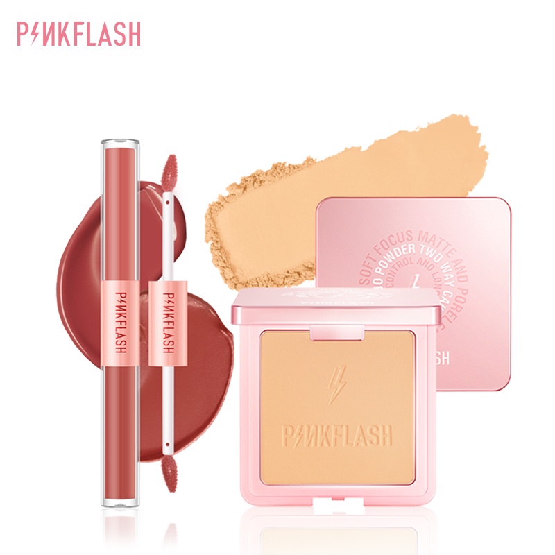 PINKFLASH 2PCS Makup Set Two Way Cake Powder Soft Focus Matte Pressed Powder &amp; Long-lasting High Pigment2 In 1 Dual-ended Lipstick