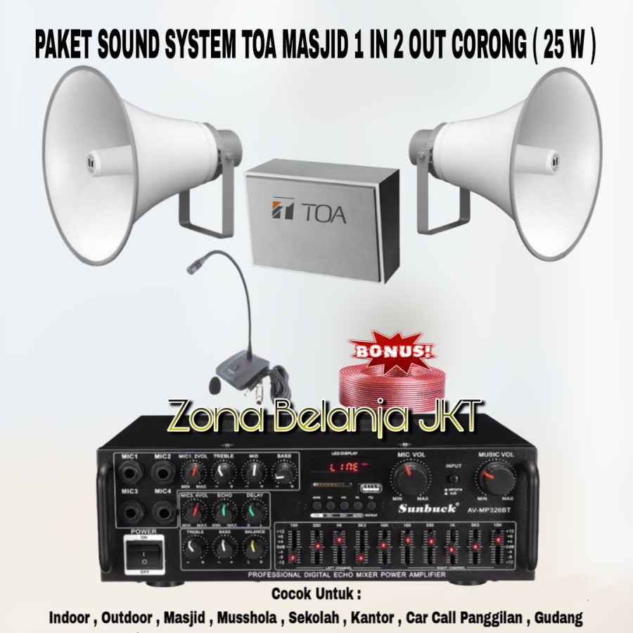 PAKET SOUND SYSTEM TOA MASJID MUSHOLLA 1 IN 2 OUT SPEAKER CORONG TOA 25W ( SET 2 )