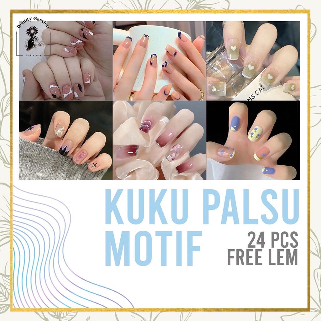【 COD 】24pcs Set Kuku Palsu Non Hiasan &amp; Hiasan Non Box Free Lem Jelly 24pcs/Fake Nail Art Murah/Fashion Fake nails