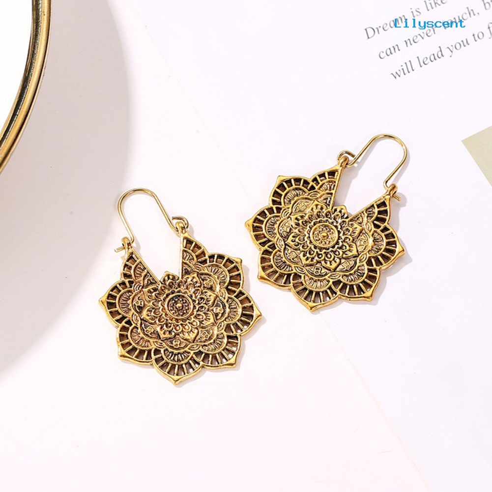 [LS] Vintage Wanita Berongga Keluar Ukir Bunga Menjuntai Leverback Earrings Perhiasan Hadiah