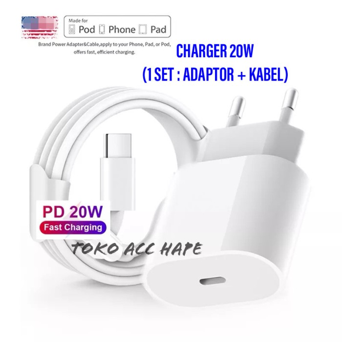 CHARGER IPH 1 SET (POWER ADAPTOR 20W EU PLUG + KABEL USB C to LIGHT)