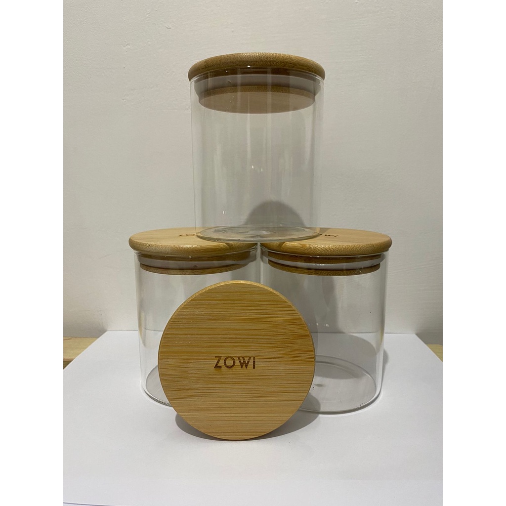 ZOWI Toples Makanan Ringan Tutup Kayu Toples Bumbu / Snack Jar Kaca Borosilicate Glass Jar Premium