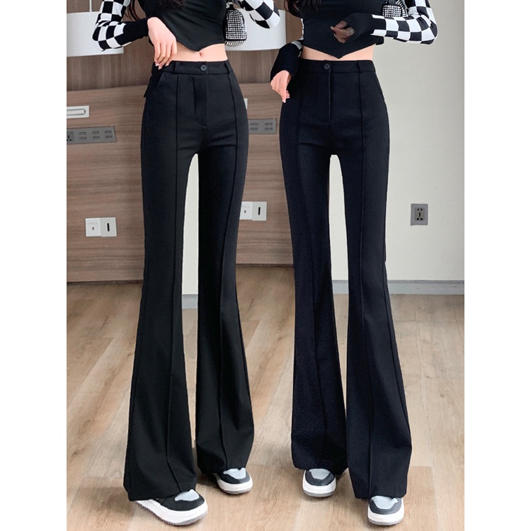 ✅COD hitam high-waist cutbray kasual berkobar celana panjang Korea