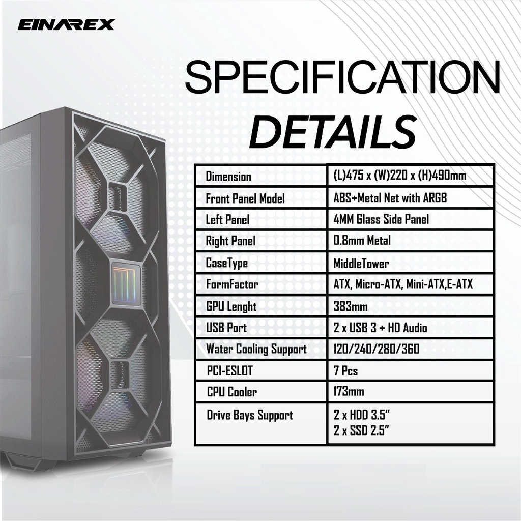 Gaming Case EINAREX MICHIGAN ARGB TG | Casing PC Tempered Glass E-ATX