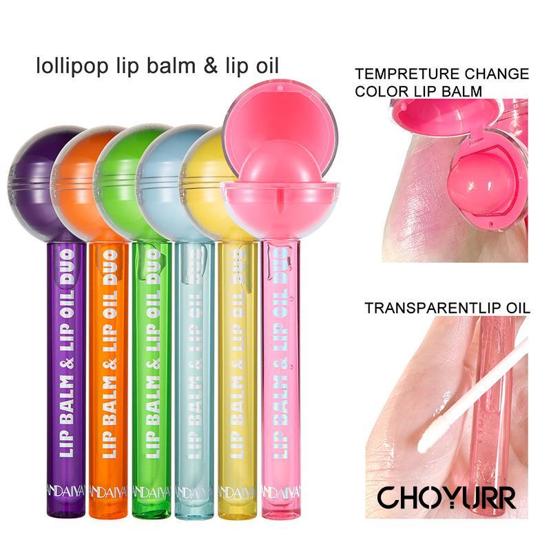 【COD】2 In 1 Lip Balm &amp; Lip Oil Kiss Beauty Rose Bentuk Lollipop Riasan Minyak Bibir Lollipop Lipstik Pengubah Warna Pelembab Lip Gloss-CH