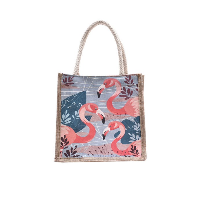 Tas Tote Wanita Bahan Anyam Goni Resleting Mini/Totebag Goni Jepang - Flamingo