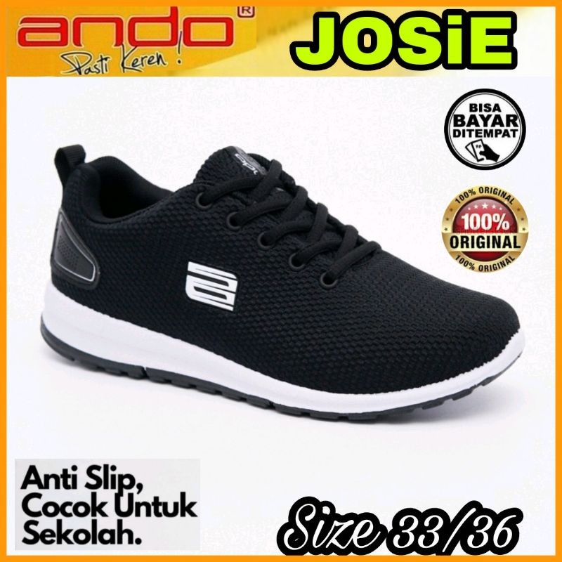 ANDO Sepatu Anak Sekolah Hitam Putih Tali Cewek Cowok Remaja Tanggung Ori Black White Size 33-40