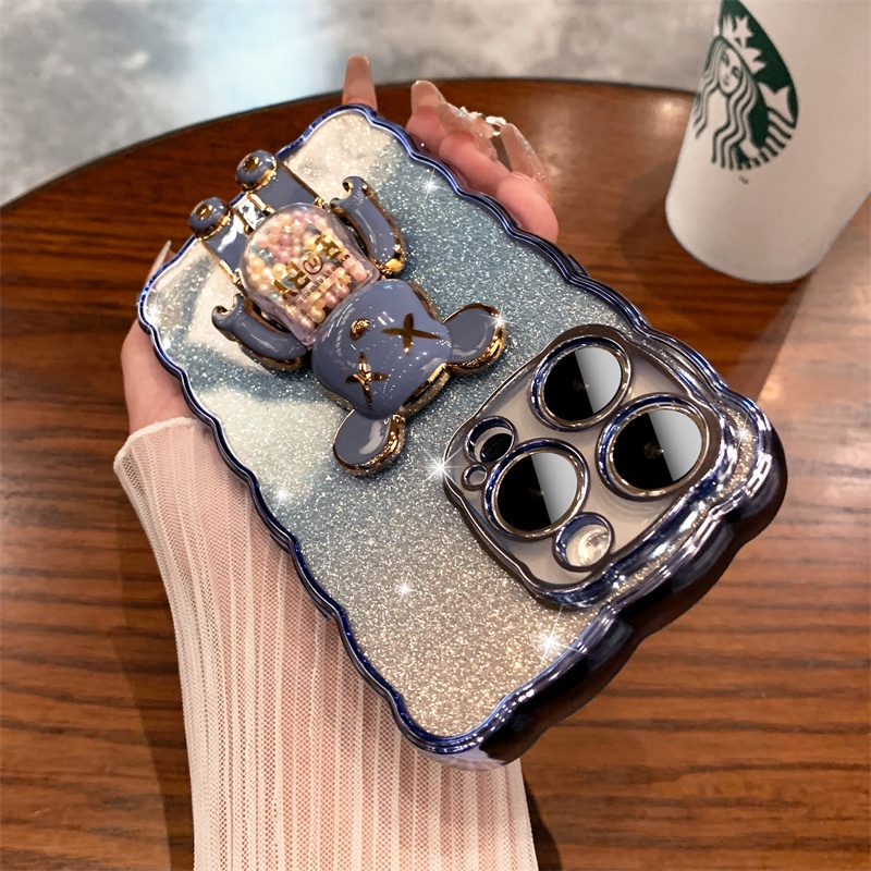 Luxury fun cartoon bear stand case iphone 14 pro max case iphone 13 12 11 pro max xs max XR 7plus/8plus premium aesthetic flashing fully enclosed shockproof TPU shockproof protection soft case