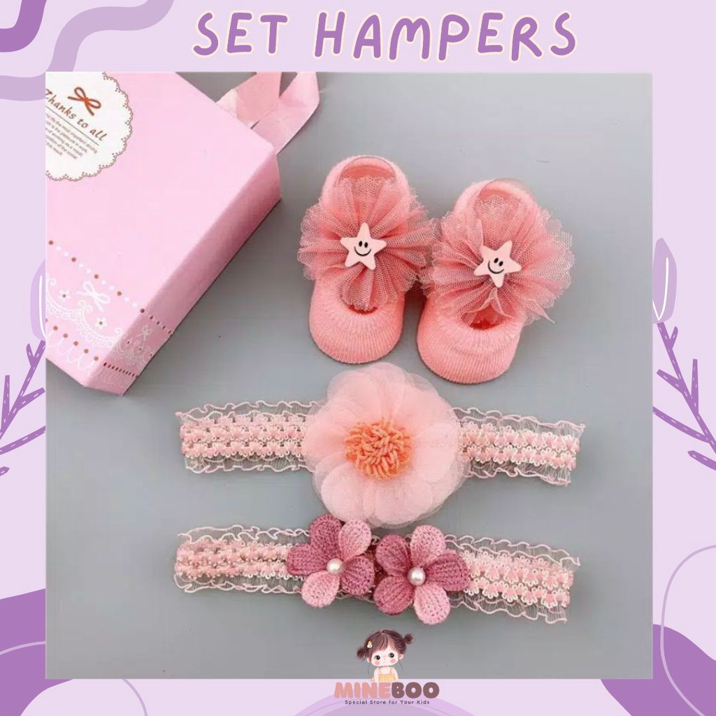 mineboo- HAMPERS BANDANA Set kaos kaki dan bandana bayi import dengan box cantik cocok untuk kado hampers