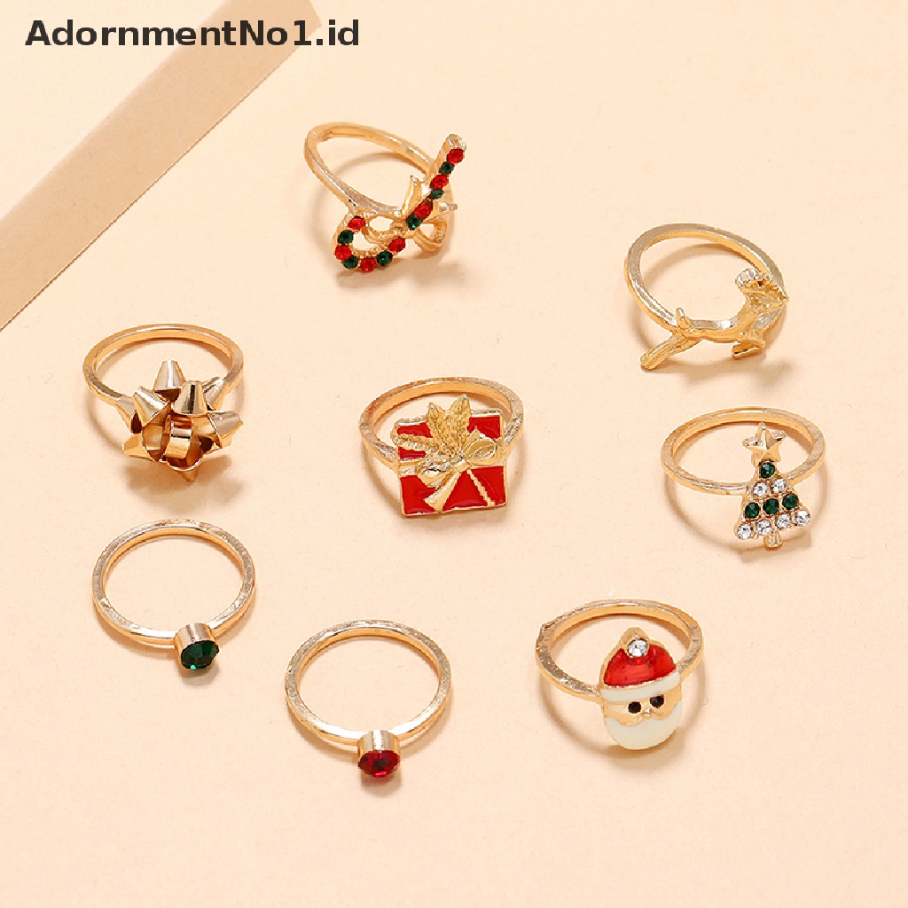 [AdornmentNo1] 8pcs/set Cincin Natal Untuk Wanita Kristal Pohon Natal Tongkat Santa Claus Cincin set Selamat Tahun Baru Pesta Perhiasan Hadiah Perempuan [ID]