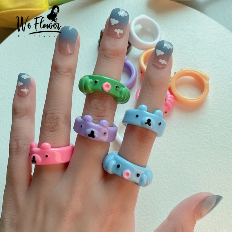 We Flower Candy Color Cute Resin Bear Cincin Untuk Wanita Gadis Anak Korea Acrylic Finger Rings Fashion Couple Ring Persahabatan Perhiasan Hadiah