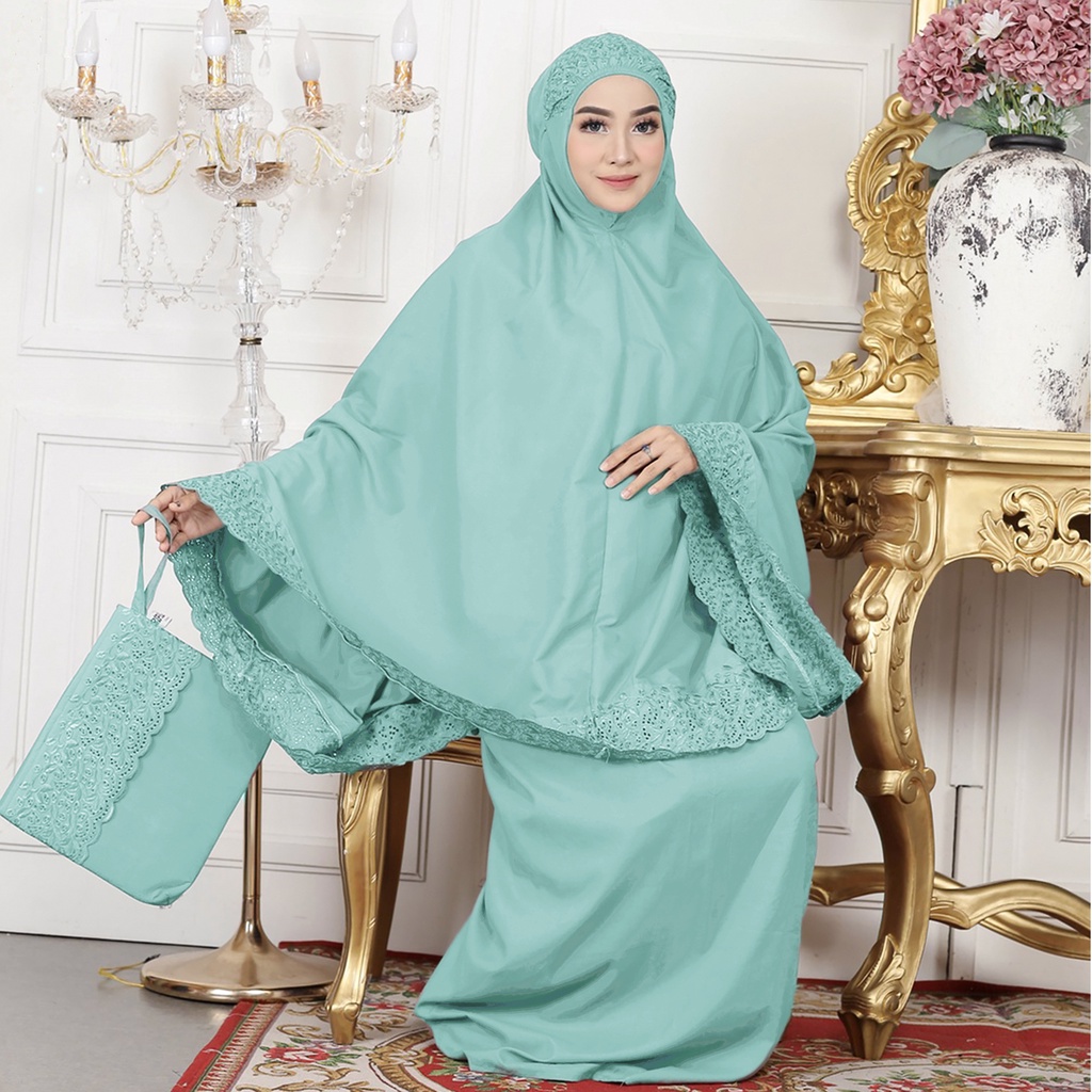 Mukena KHADIJAH dewasa jumbo FREE tas Cantik bahan katun MIKRO PREMIUM renda bordir komputer 12 cm GROSIR