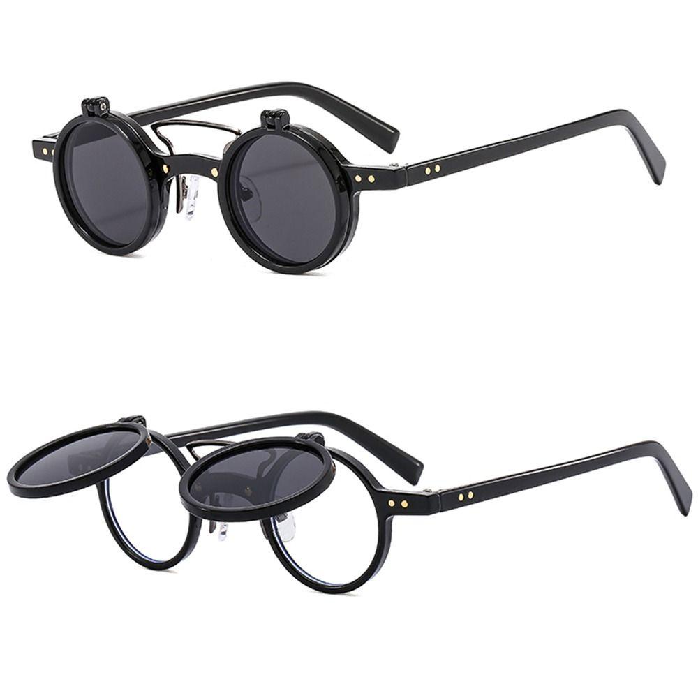 R-flower Steampunk Flip-Up Sunglasses UV400 Kacamata Vintage Retro Paku Keling Punk Eyeglasses