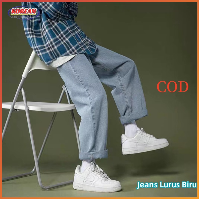 Korean style biru celana jeans pria celana panjang pria loose pants celana kulot straight jeans oversize baggy pants boyfriend jeans celana panjang cowok cutbray jeans celana panjang pria jumbo celana dasar pria2023