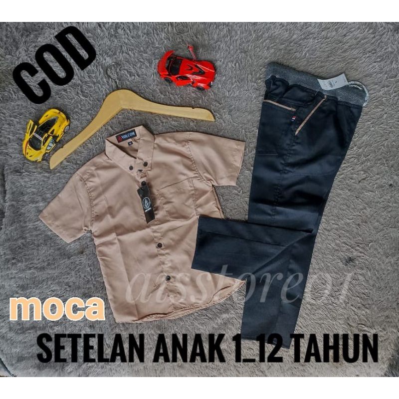 setelan anak kemeja dan celana chinos.usia 1-12 tahun ada 15 WARNA