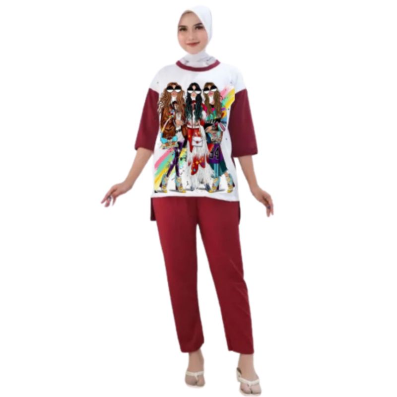 Setelan Kaos Wanita Dewasa Oversize Ld 110 cm Terbaru 2023 Viral Gambar Digital Printing Bahan Kaos Babyterry Tangan 3/4 dan Celana Panjang One Set Wanita Dewasa Jumbo Kekinian Atasan Baju Wanita Dewasa Big Size Stelan Baju Wanita Santai Cewek 84