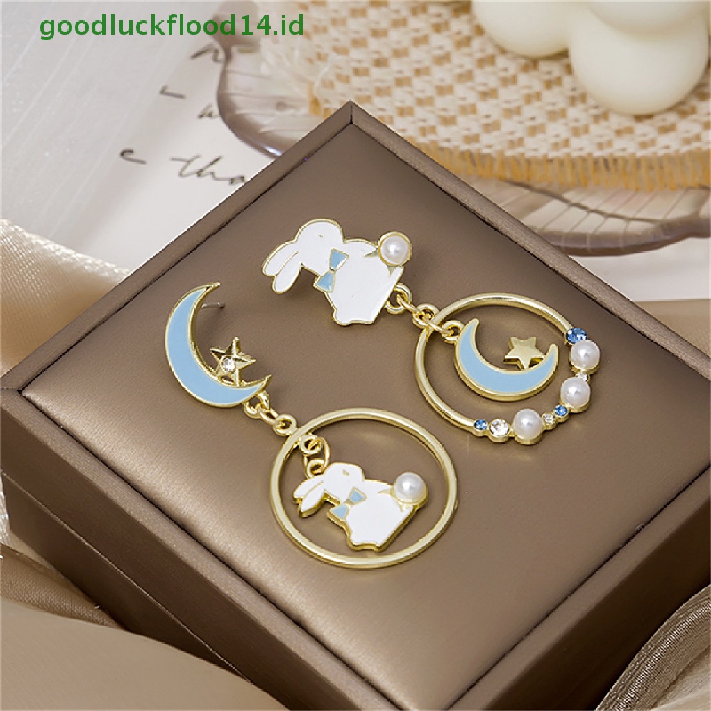 [GOOGFOUR] Lucu Fashion Asymmetric Rabbit Moon Star Stud Earrings Wanita Eardrop Perhiasan Pesta [TOP]