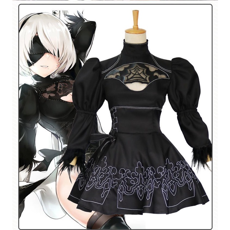 Nier Automata Yorha 2B Cosplay Costume Suit Anime Women Outfit Set Halloween Black Dress