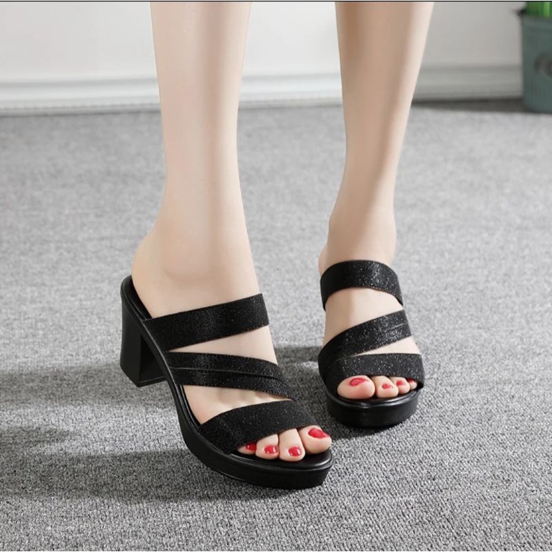 Heels Bahan Kulit Sapi Original (Black Sand)