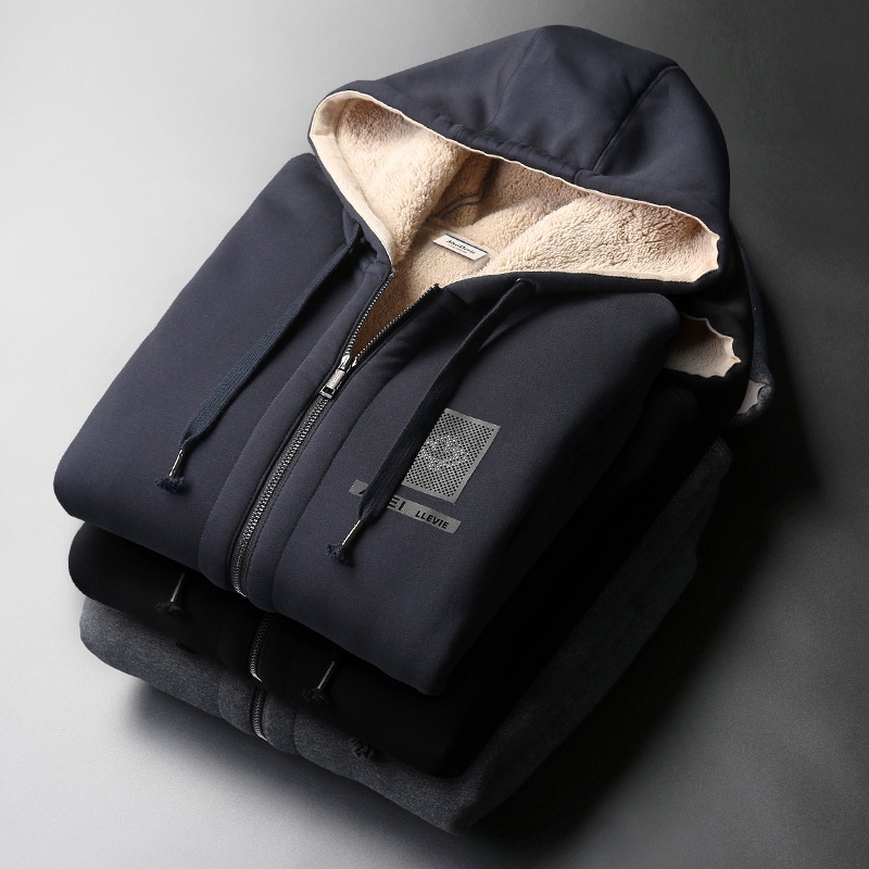 Pria Cargan Hooe Winter  Ukuran Besar Pria Bulu Berlapis Tebal Domba Wol Zipper Hooe Mantel 'S