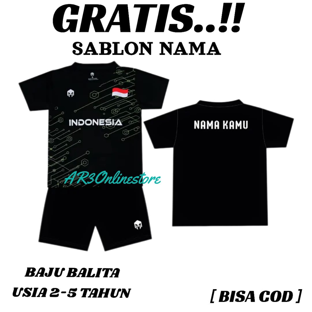 ( FREE SABLON NAMA ) Baju olahraga anak balita kaos bola futsal badminton bulutangkis tenis voli usia TK 2-5 tahun