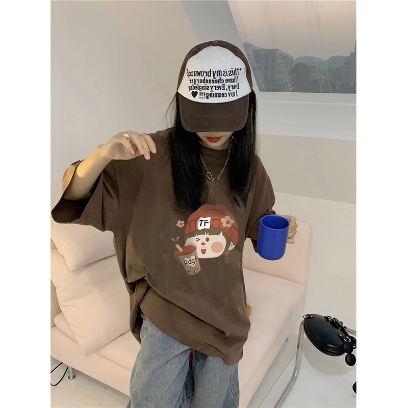 100%  Katun Vintage Kaos Lengan Pendek Cream Atasan Wanita Oversize Cartoon Girl Printed T-shirt Kekinian Korean Style/kaos wanita jumbo