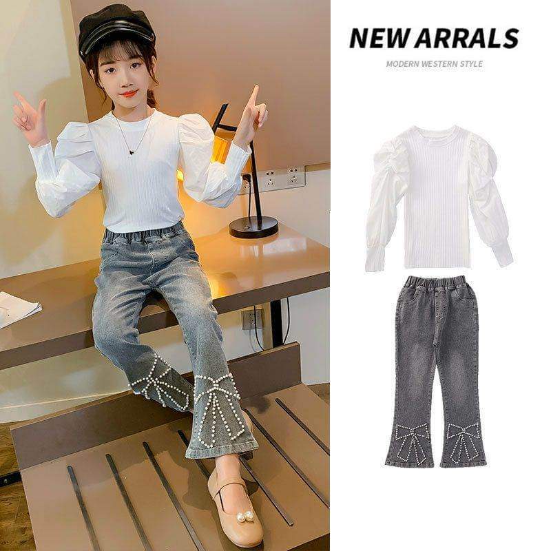 Baju Setelan Celana Jeans Cut Bray Anak ABG Perempuan Ribbon Pearl