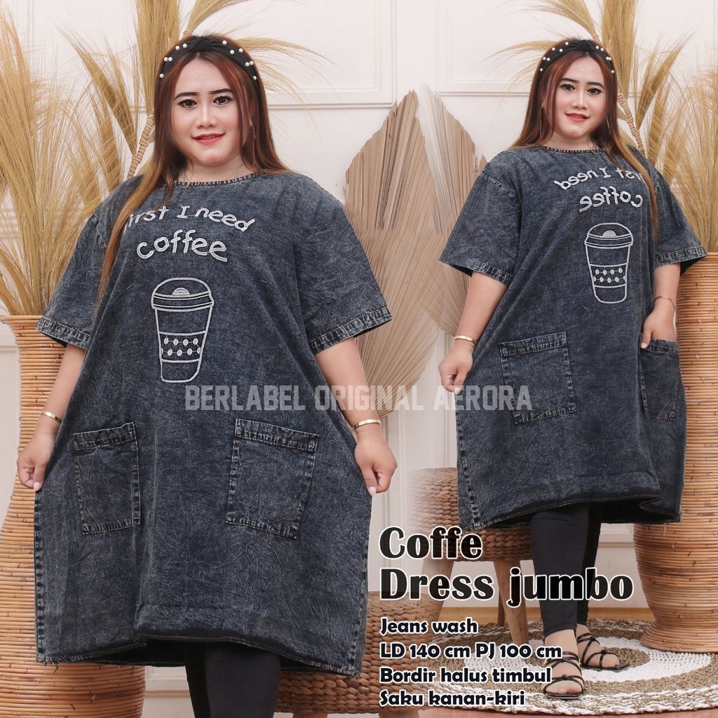 Baju Atasan Tunik Jeans Denim Jumbo Wanita Terbaru 2022 Kekinian Bordir Asli Halus Premium Ld 140 P 100 Coffe Dress Allsize