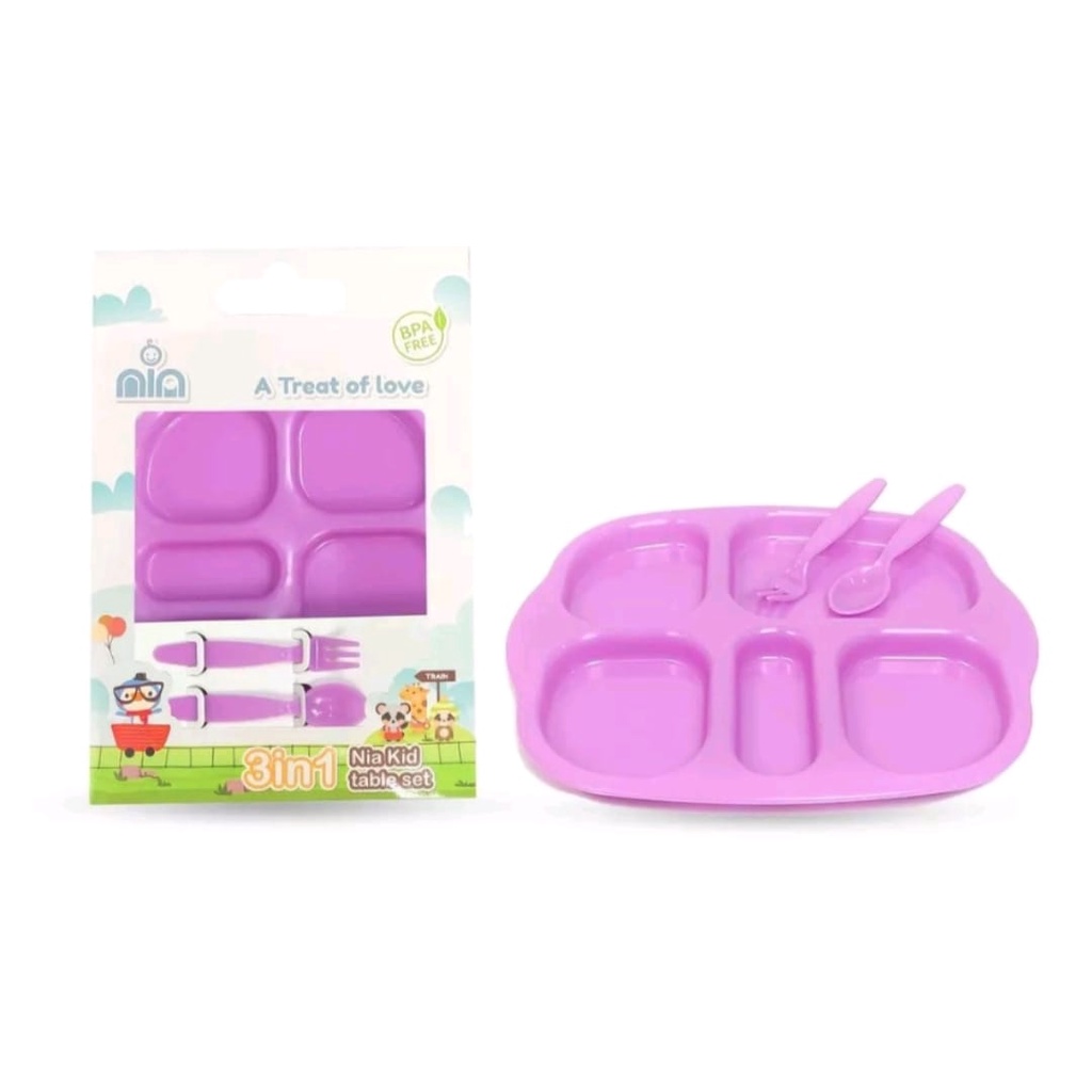 PROMO SALE NEW Nia Kid  Set 3in1 Piring Makan Anak 5 Sekat Anti Pecah