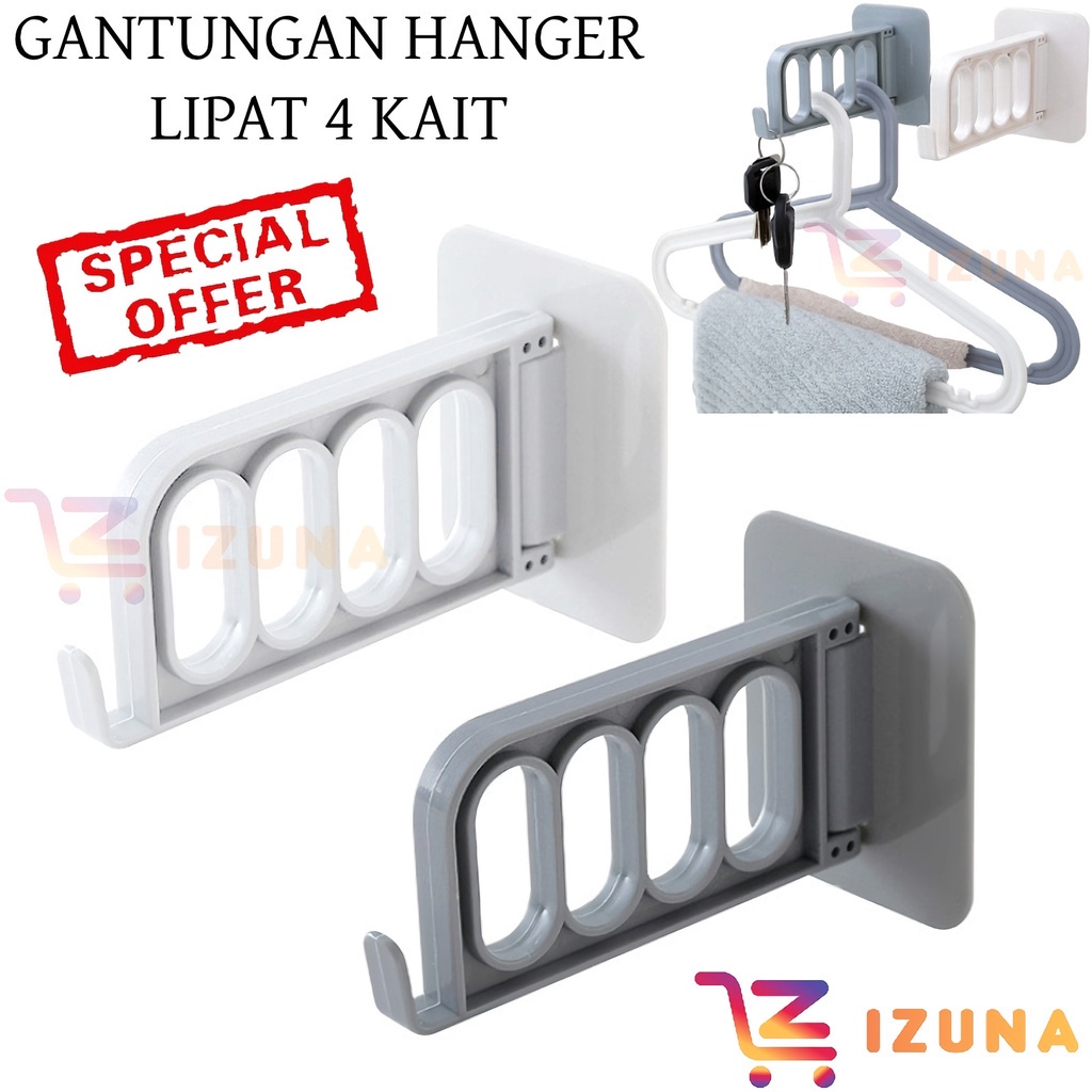 [IZUNA] GANTUNGAN HANGER BAJU TEMPEL 4 KAIT / GANTUNGAN LIPAT 4 LUBANG DAN 1 KAIT / GANTUNGAN DINDING BAJU TEMPEL