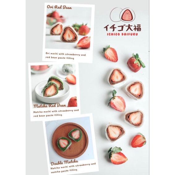 ICHIGO DAIFUKU (6-10 pcs). varian : original-matcha-choco-pinku-taro. mochi jepang isi buah stoberi