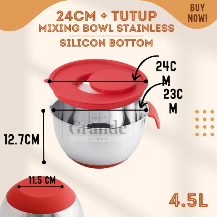 Silicone NON SLIP Mixing Bowl Stainless Plus Tutup 24cm baskom 4.5L